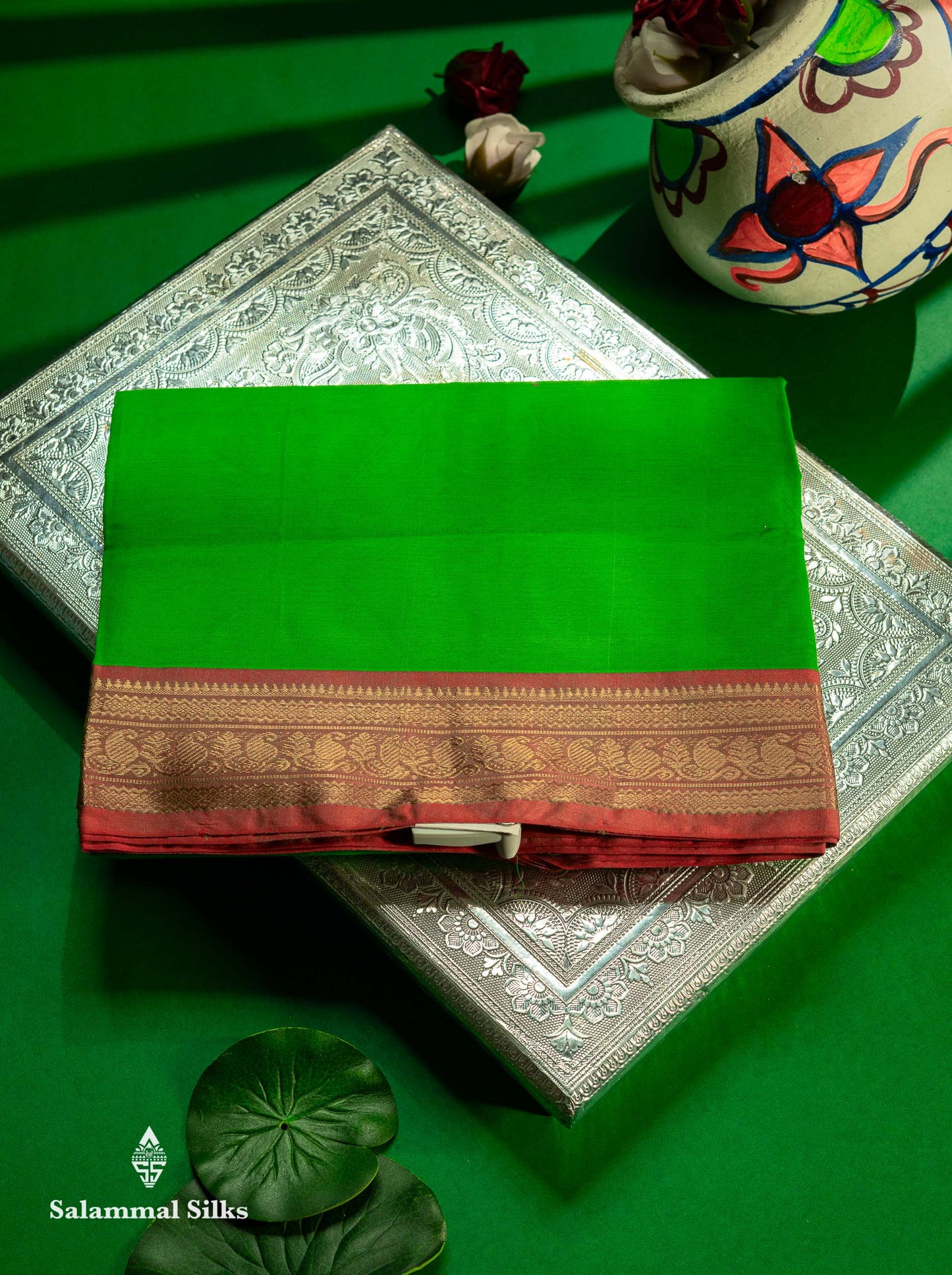 Beautiful Bottle Green Plain Pure Cotton Saree With Contrast Redish Maroon Traditional Border
