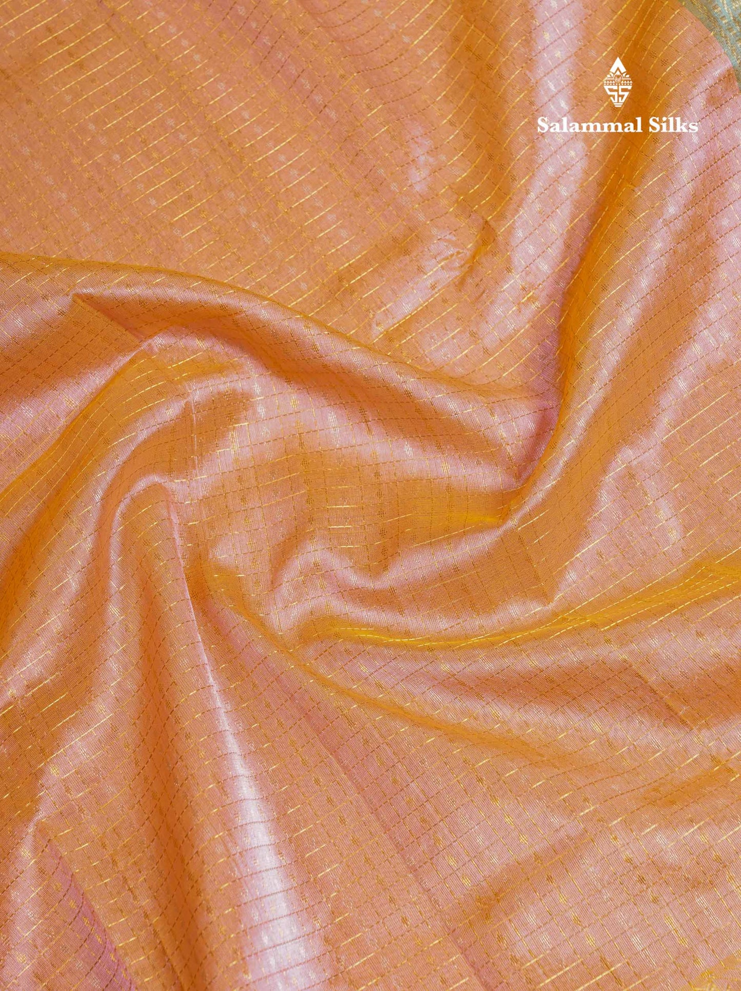 Beautiful Dual Tone Peach Small Checks With Silver & Gold Zari Buttas Pure Silk Cotton Saree With Contrast Rexona Green Traditional Evening Morning Border
