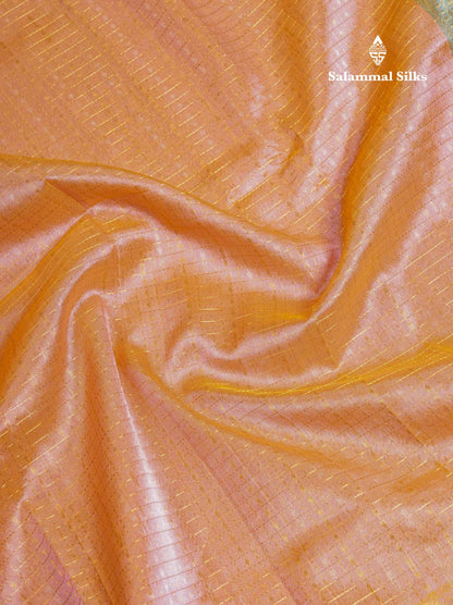 Beautiful Dual Tone Peach Small Checks With Silver & Gold Zari Buttas Pure Silk Cotton Saree With Contrast Rexona Green Traditional Evening Morning Border