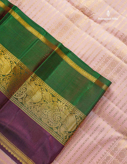 Korvai Pure Kanjivaram Silk Saree - Light Peach Colour Body With Contrast Dark Purple Traditional Ganga Jamuna Border