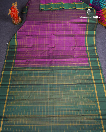 Beautiful Dark Purple Checks Kanjivaram Pure Silk Saree With Contrast Bottle Green Traditional Rettapet Border