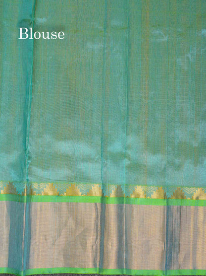 Beautiful Dual Tone Peach Small Checks With Silver & Gold Zari Buttas Pure Silk Cotton Saree With Contrast Rexona Green Traditional Evening Morning Border
