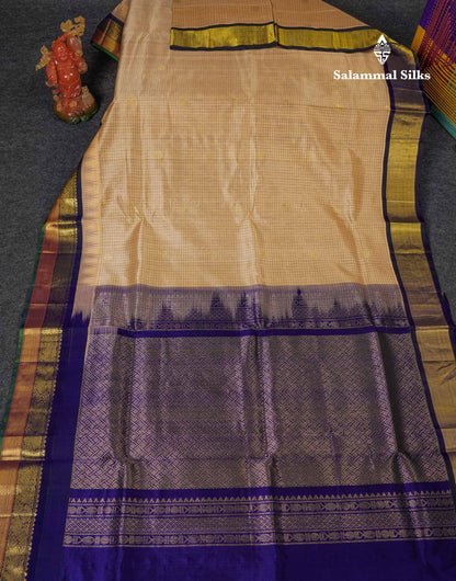 Beautiful Sandal Small Checks With Butta Pure Silk Cotton Saree With Contrast Violet Traditional Border