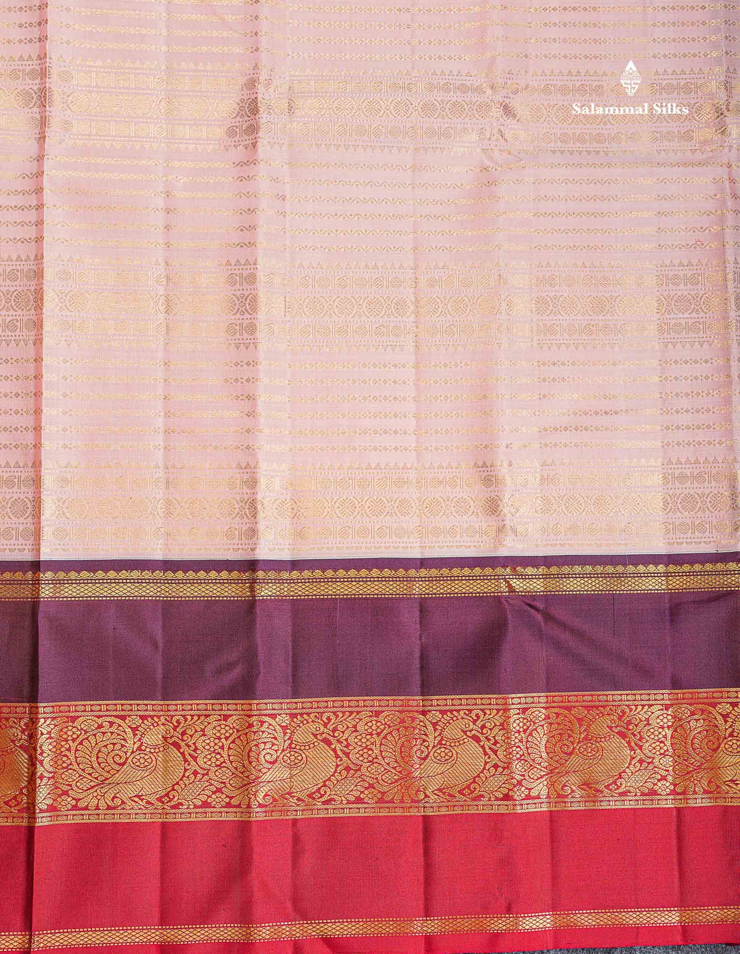 Korvai Pure Kanjivaram Silk Saree - Light Peach Colour Body With Contrast Dark Purple Traditional Ganga Jamuna Border