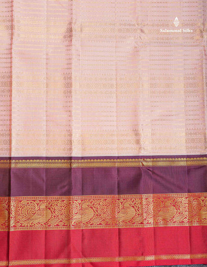 Korvai Pure Kanjivaram Silk Saree - Light Peach Colour Body With Contrast Dark Purple Traditional Ganga Jamuna Border
