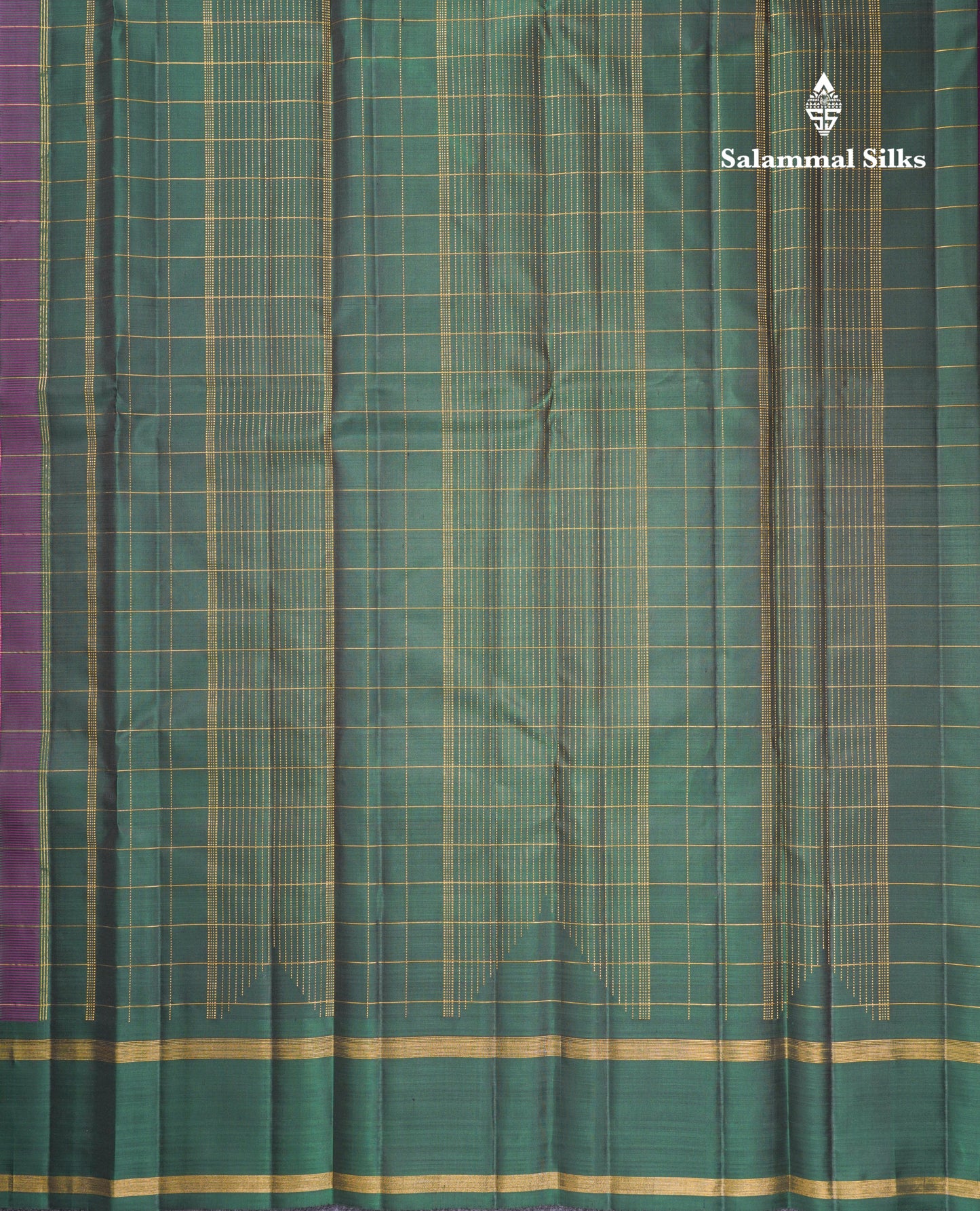 Beautiful Dark Purple Checks Kanjivaram Pure Silk Saree With Contrast Bottle Green Traditional Rettapet Border