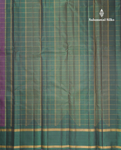 Beautiful Dark Purple Checks Kanjivaram Pure Silk Saree With Contrast Bottle Green Traditional Rettapet Border