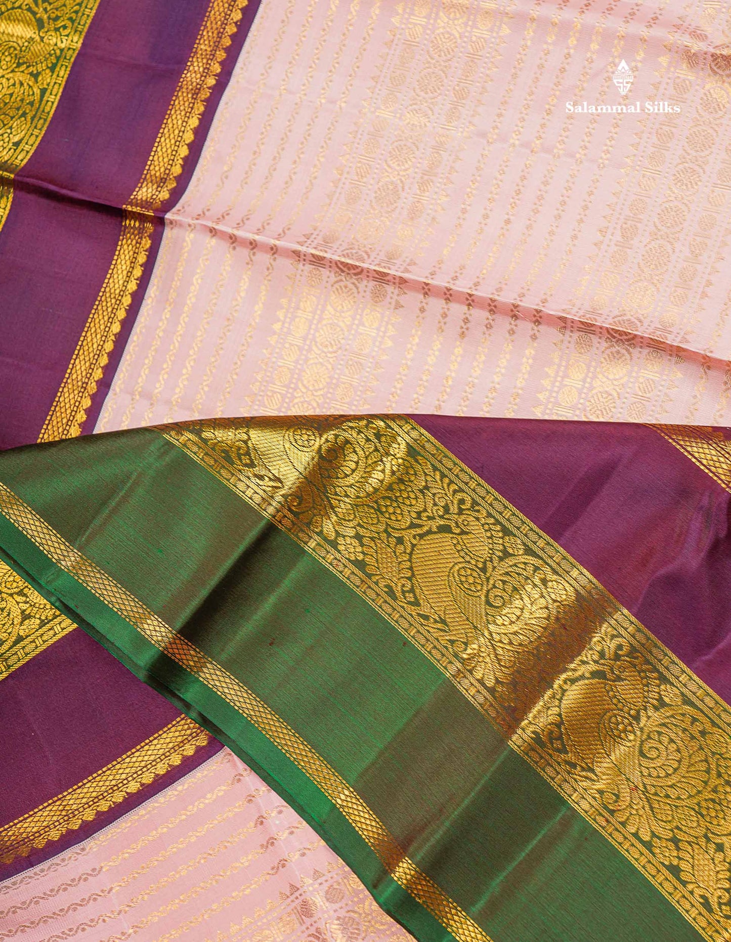 Korvai Pure Kanjivaram Silk Saree - Light Peach Colour Body With Contrast Dark Purple Traditional Ganga Jamuna Border
