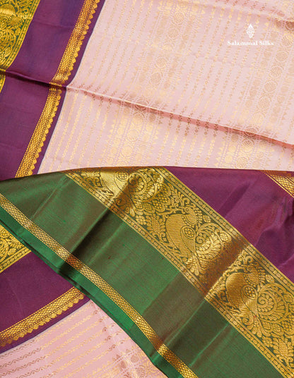 Korvai Pure Kanjivaram Silk Saree - Light Peach Colour Body With Contrast Dark Purple Traditional Ganga Jamuna Border