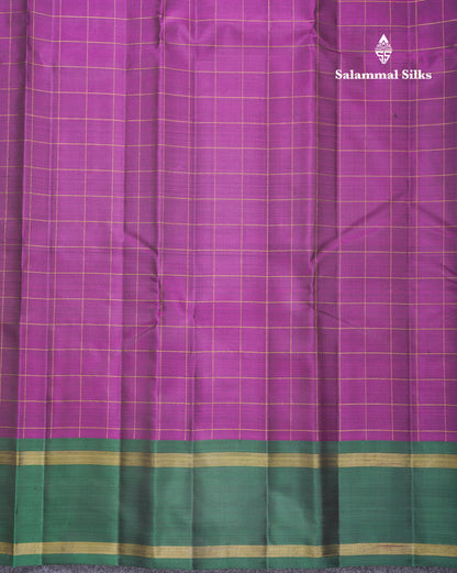 Beautiful Dark Purple Checks Kanjivaram Pure Silk Saree With Contrast Bottle Green Traditional Rettapet Border