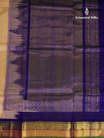 Beautiful Sandal Small Checks With Butta Pure Silk Cotton Saree With Contrast Violet Traditional Border