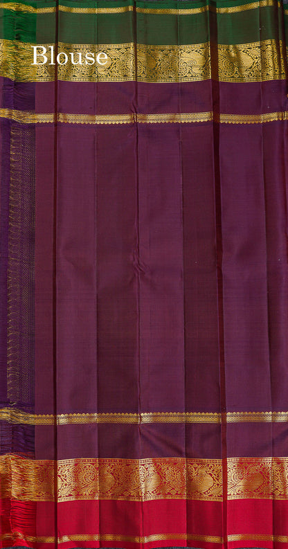 Korvai Pure Kanjivaram Silk Saree - Light Peach Colour Body With Contrast Dark Purple Traditional Ganga Jamuna Border
