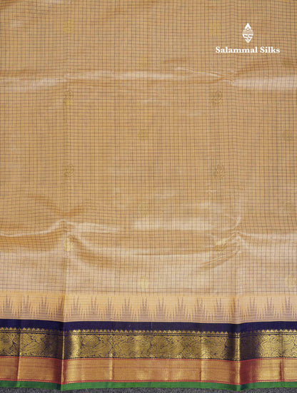 Beautiful Sandal Small Checks With Butta Pure Silk Cotton Saree With Contrast Violet Traditional Border