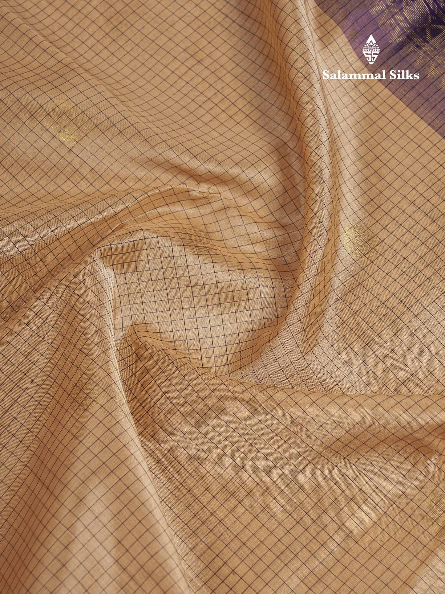 Beautiful Sandal Small Checks With Butta Pure Silk Cotton Saree With Contrast Violet Traditional Border
