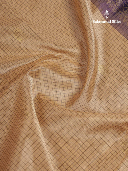 Beautiful Sandal Small Checks With Butta Pure Silk Cotton Saree With Contrast Violet Traditional Border