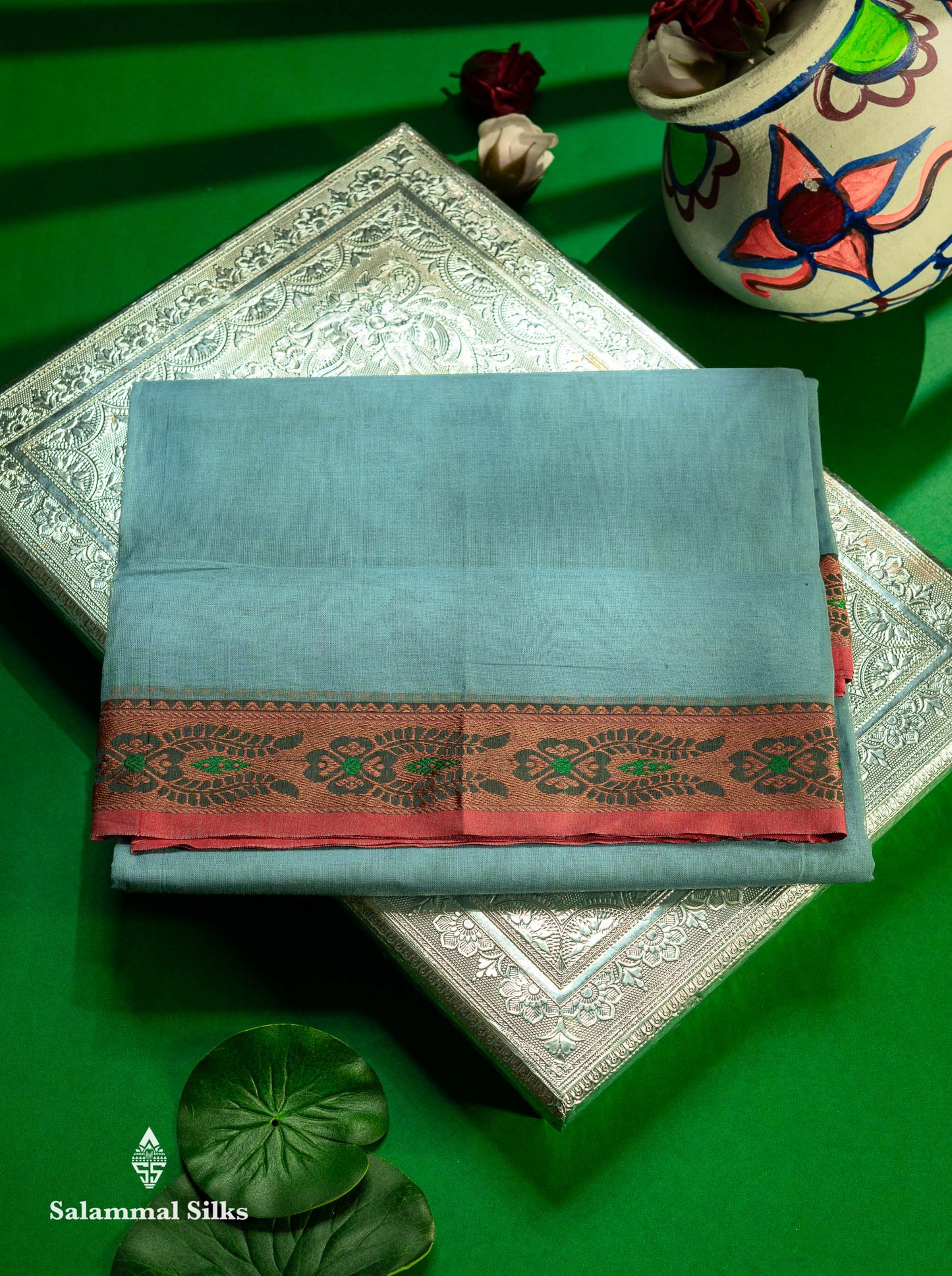 Beautiful Bottle Green Plain Pure Cotton Saree With Contrast Red Thread Work Traditional Border