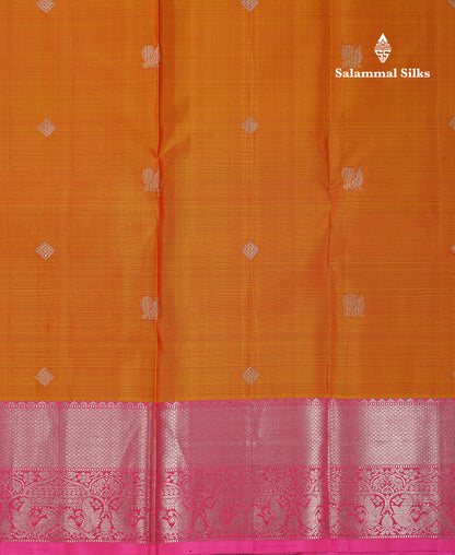 Beautiful Mustard Yellow Pure Kanjivaram Silk Saree With Contrast Pink Traditional Evening Morning Border