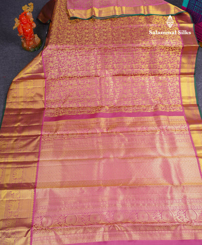 Beautiful Onion Pink Bridal Vanasingaram Pure Kanjivaram Silk Saree With Traditional Evening Morning Border