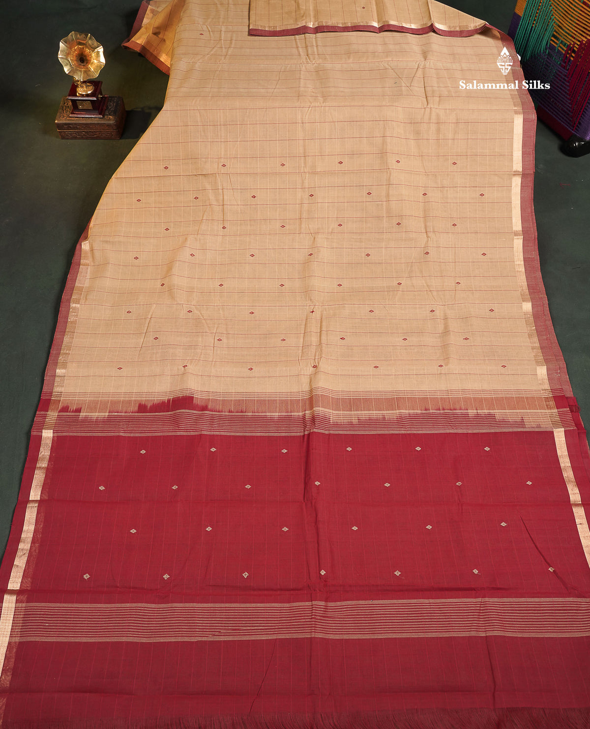 Handloom Pure Cotton Saree -  Beige Colour Body With Contrast Maroon Blouse