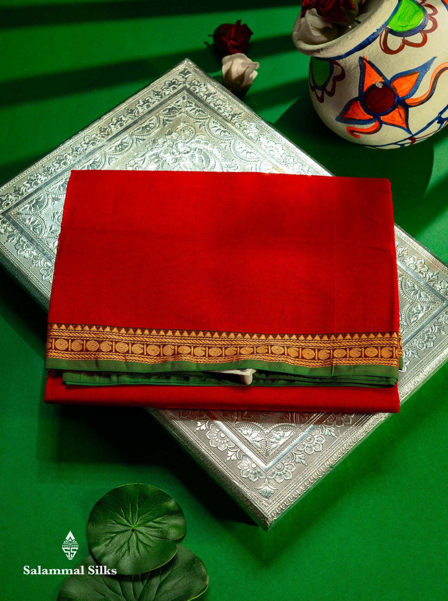Beautiful Redish Maroon Plain Pure Cotton Saree With Contrast Dual Tone Bottle Green Thread Work Traditional Small Border