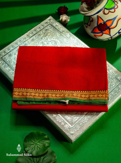 Beautiful Redish Maroon Plain Pure Cotton Saree With Contrast Dual Tone Bottle Green Thread Work Traditional Small Border