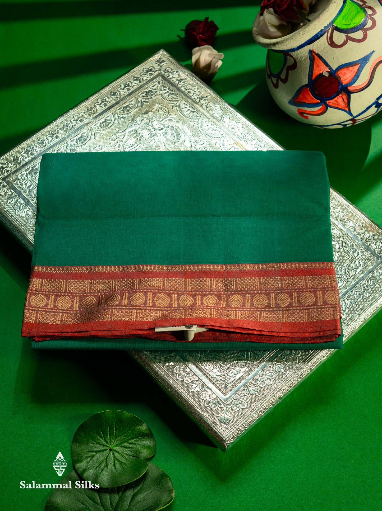 Beautiful Parrot Green Plain Pure Cotton Saree With Contrast Orange Traditional Border