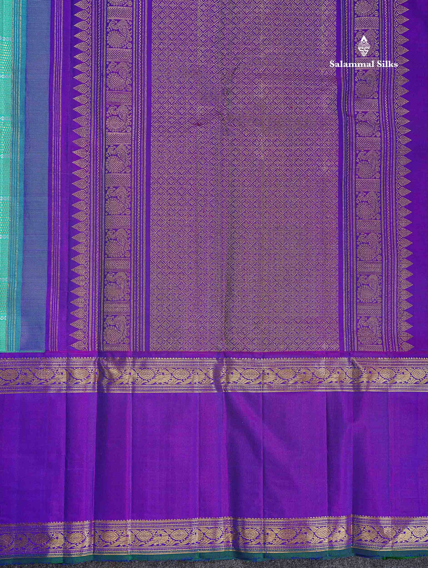 Korvai Pure Kanjivaram Silk Saree - Sapphire Green Colour Body With Contrast Dual Tone Purple Traditional Gap Border