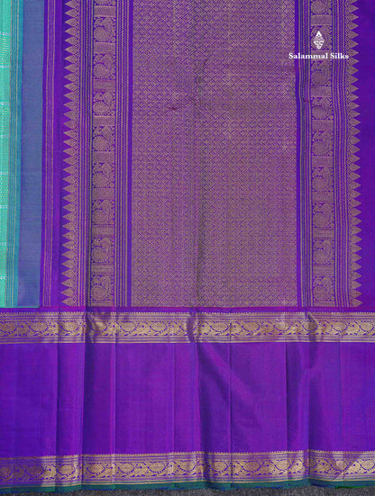 Korvai Pure Kanjivaram Silk Saree - Sapphire Green Colour Body With Contrast Dual Tone Purple Traditional Gap Border