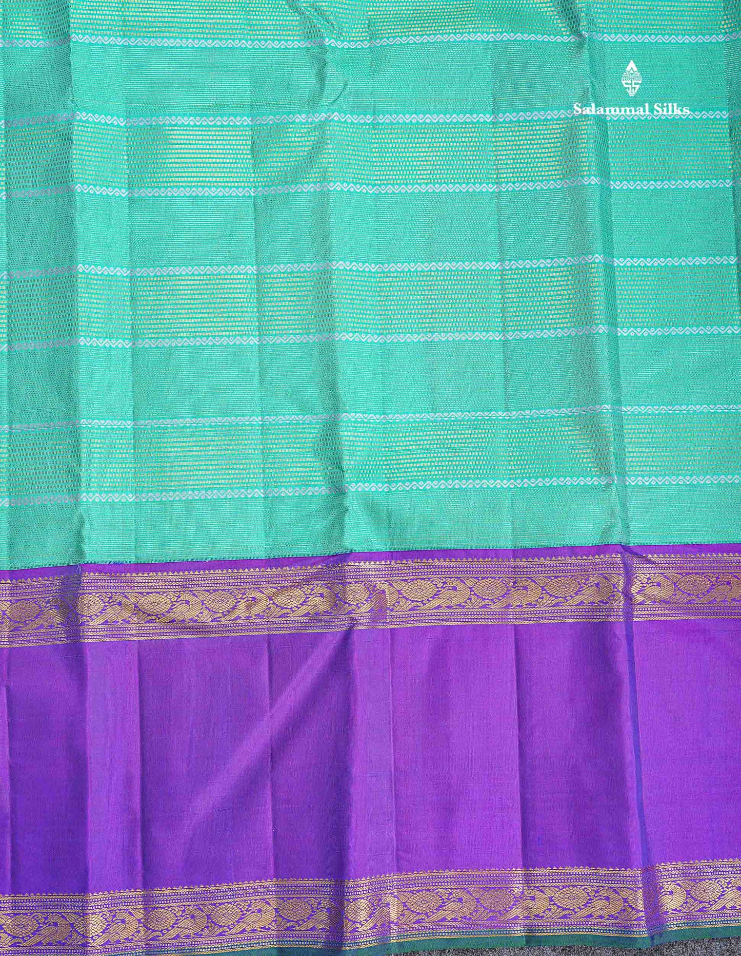 Korvai Pure Kanjivaram Silk Saree - Sapphire Green Colour Body With Contrast Dual Tone Purple Traditional Gap Border