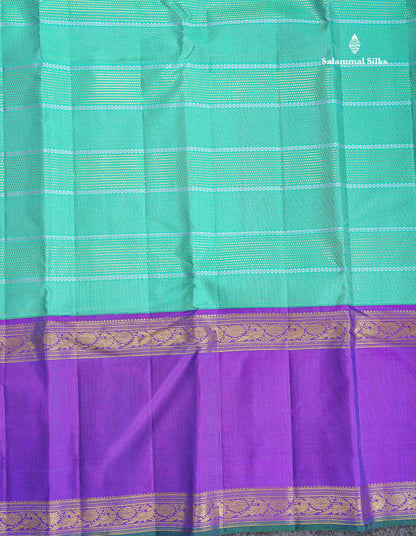 Korvai Pure Kanjivaram Silk Saree - Sapphire Green Colour Body With Contrast Dual Tone Purple Traditional Gap Border