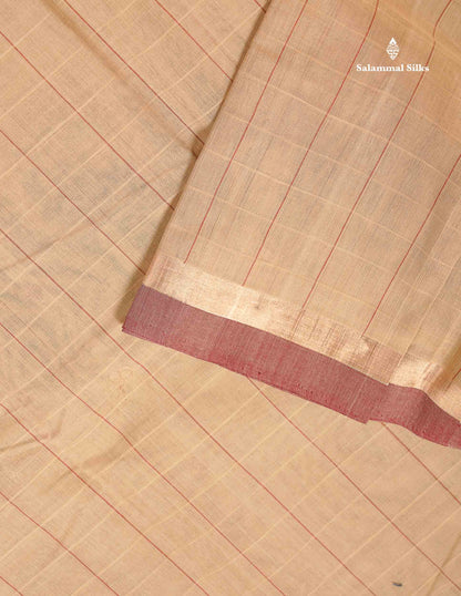Handloom Pure Cotton Saree -  Beige Colour Body With Contrast Maroon Blouse