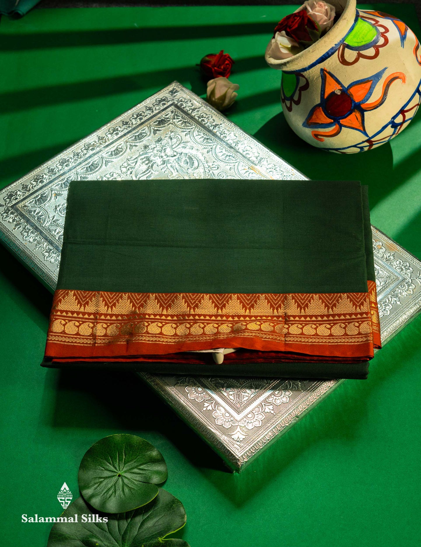 Beautiful Bottle Green Plain Pure Cotton Saree With Contrast Maroon Traditional Temple Border