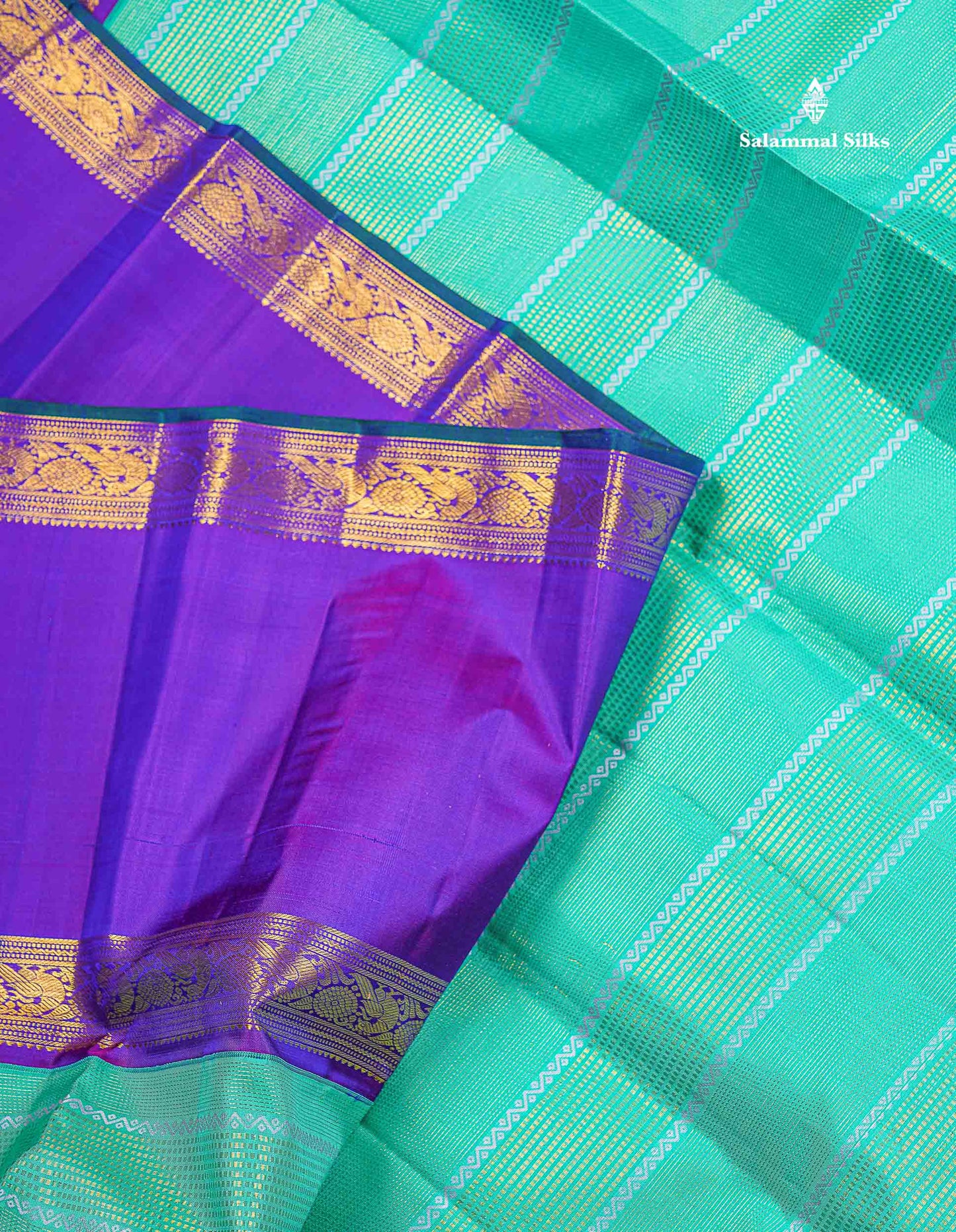 Korvai Pure Kanjivaram Silk Saree - Sapphire Green Colour Body With Contrast Dual Tone Purple Traditional Gap Border