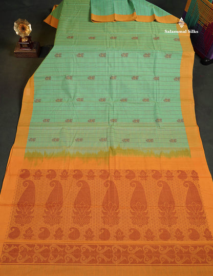 Handloom Pure Cotton Saree -  Rexona Green Colour Body With Contrast Mustard Yellow Blouse 