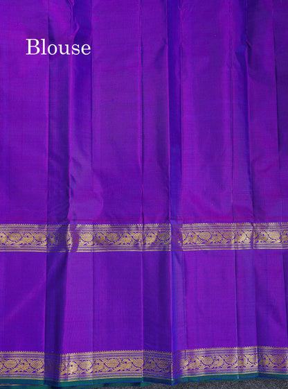 Korvai Pure Kanjivaram Silk Saree - Sapphire Green Colour Body With Contrast Dual Tone Purple Traditional Gap Border