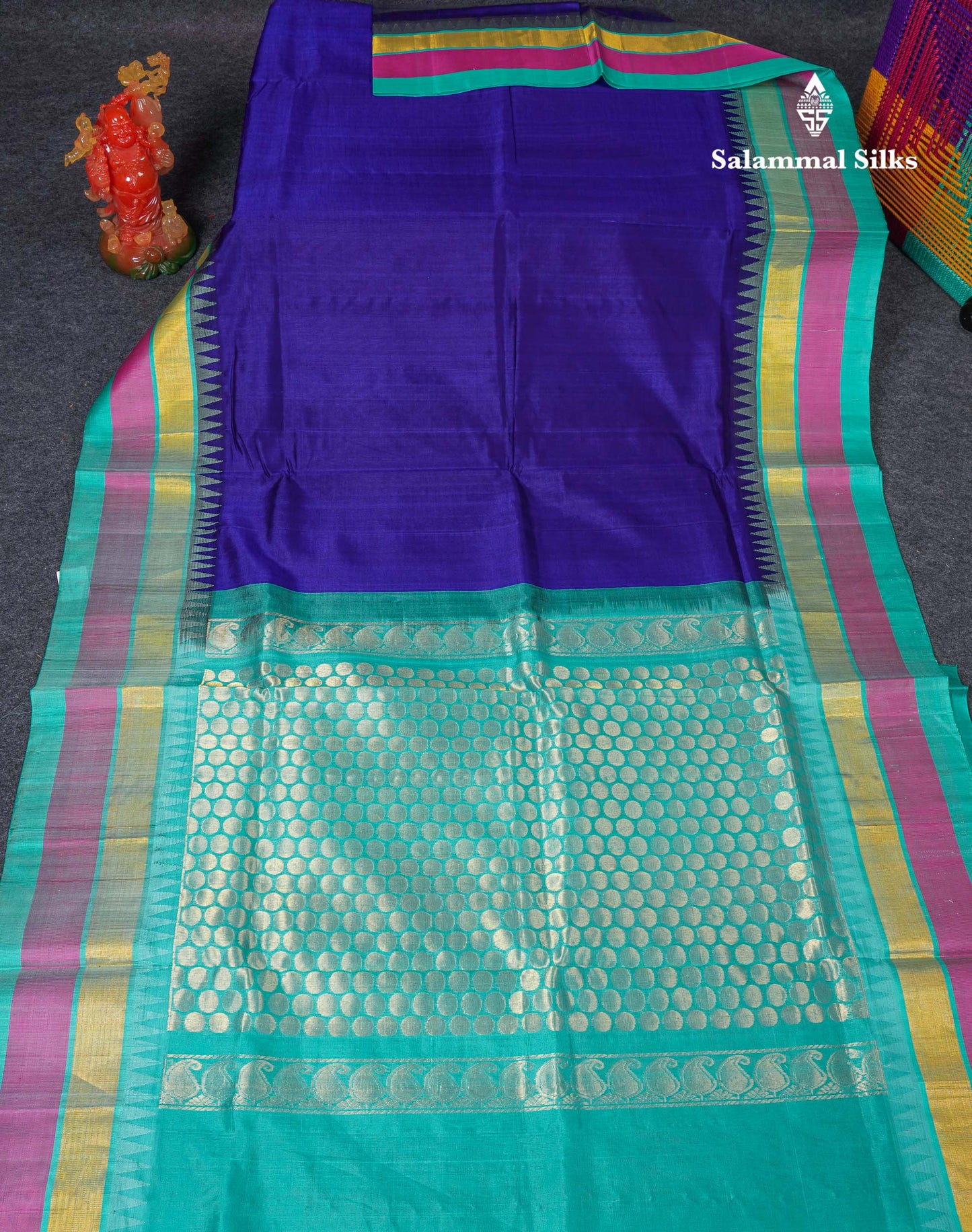 Beautiful Royal Blue Plain Pure Silk Cotton Saree With Contrast Ice Blue Traditional Border