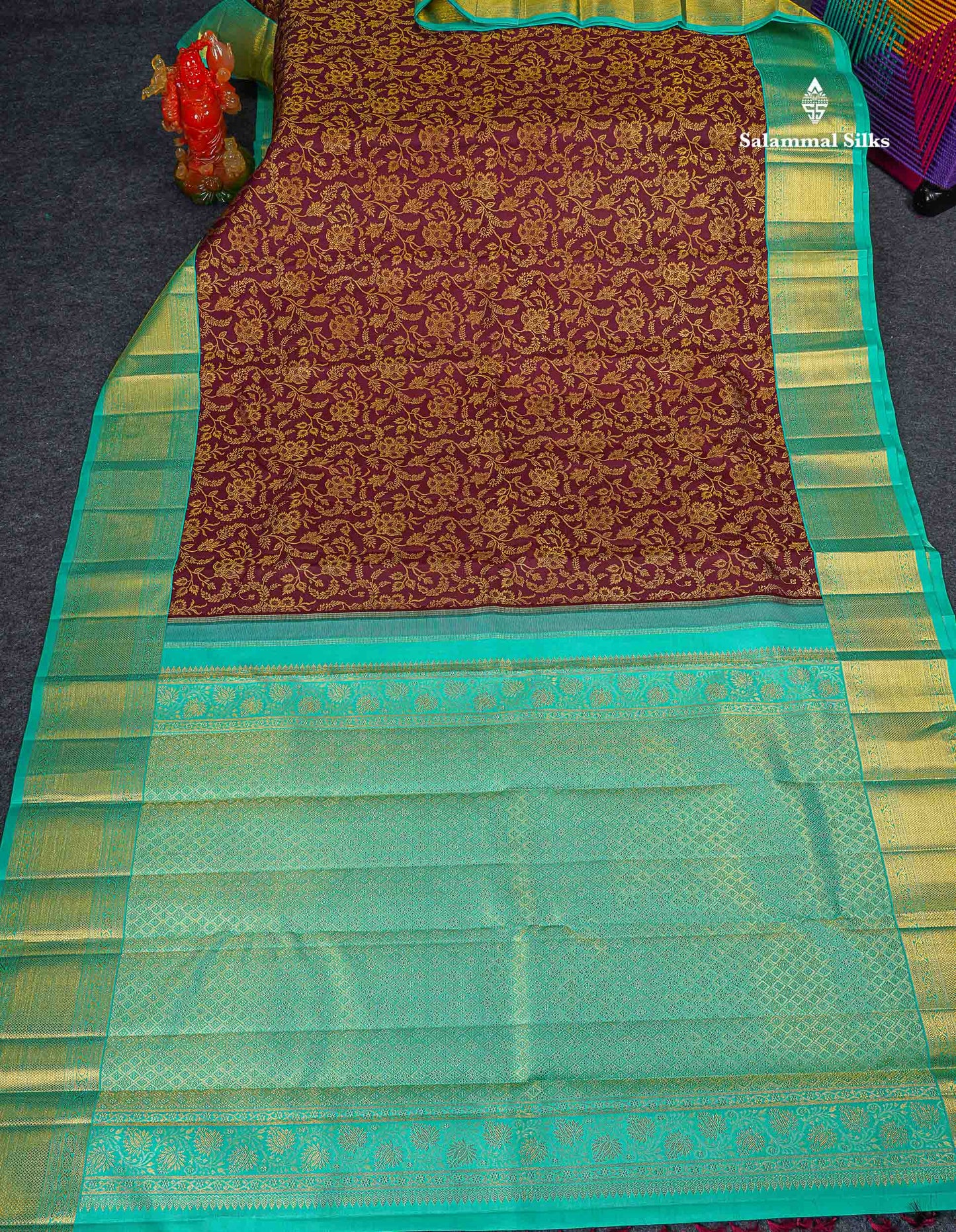 Korvai 2G Zari Kanjivaram Silk Saree - Dark Maroon Colour Body With Contrast Rexona Green Border 