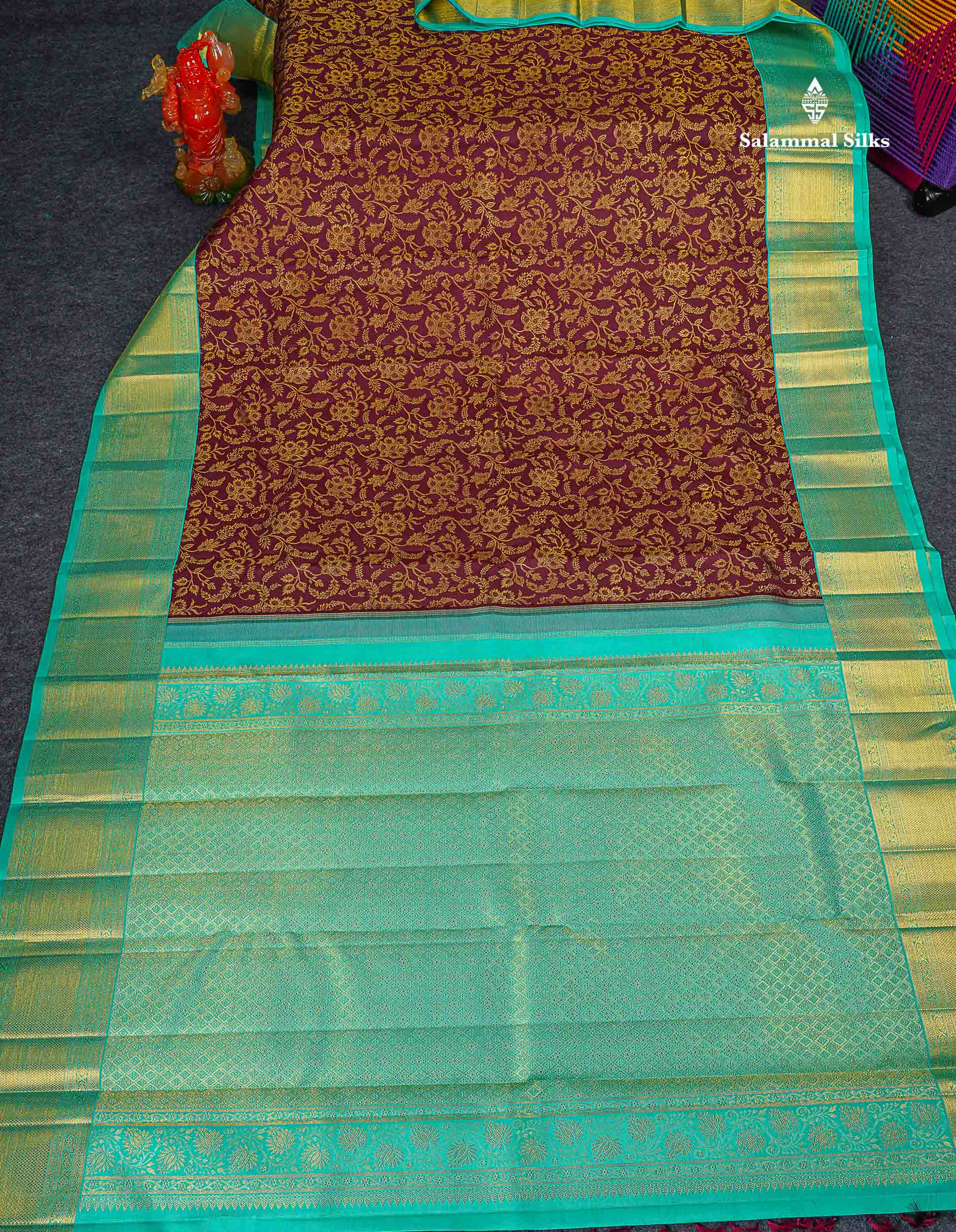 Korvai 2G Zari Kanjivaram Silk Saree - Dark Maroon Colour Body With Contrast Rexona Green Border 
