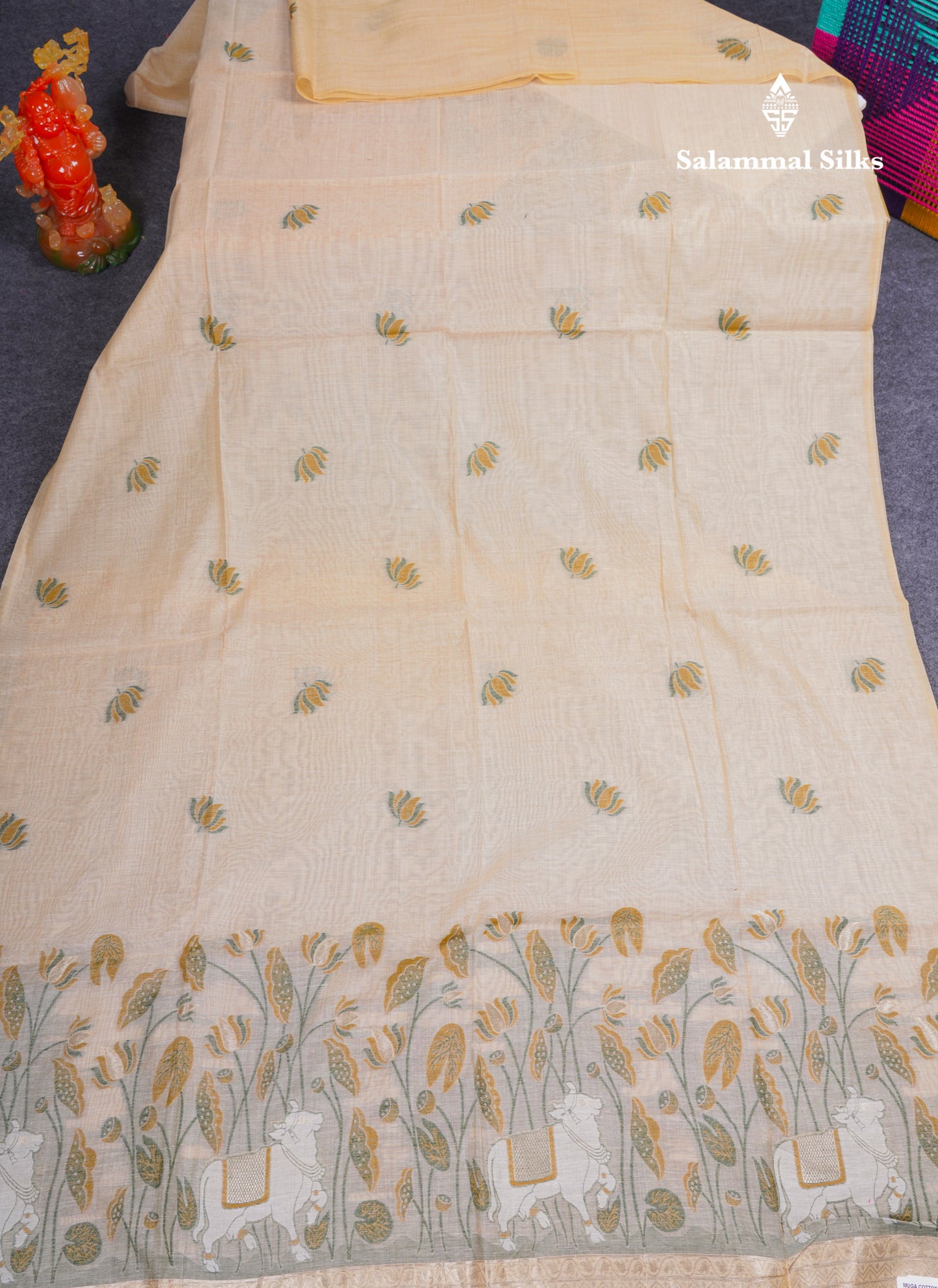 Beautiful Sandal Meenakari Work Muga Cotton Saree With Komatha Pallu Contrast Navy Blue Blouse
