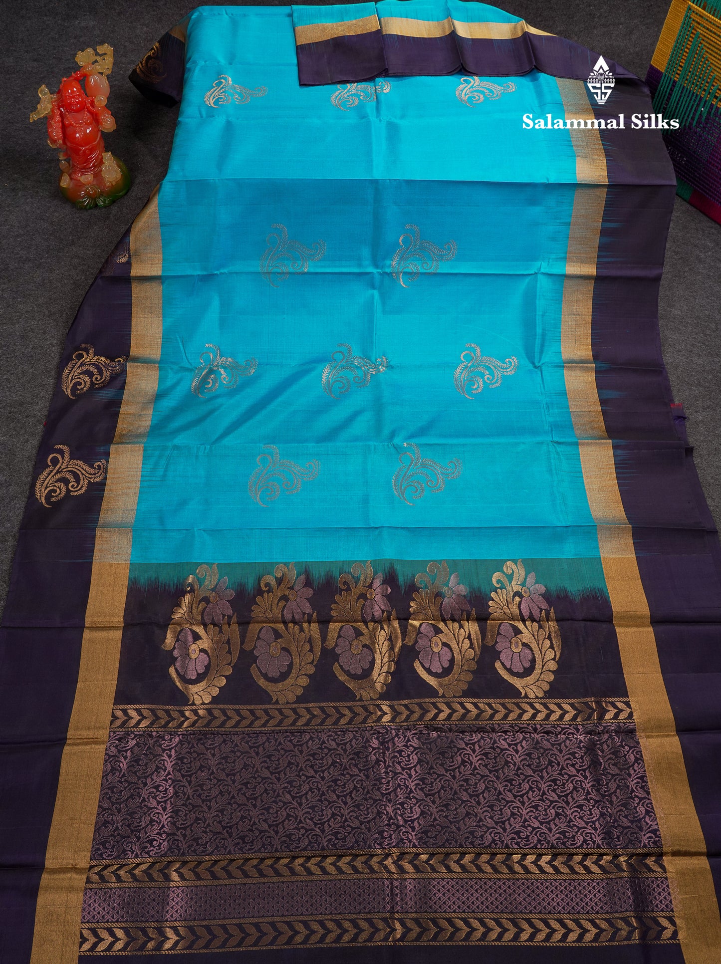 Beautiful Blue Puremix Silk Saree With Contrast Navy Blue Pochampalli Blouse