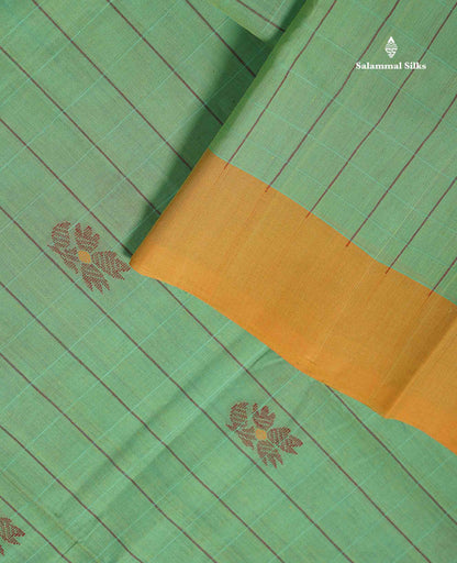 Handloom Pure Cotton Saree -  Rexona Green Colour Body With Contrast Mustard Yellow Blouse