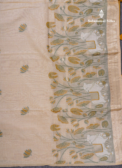 Beautiful Sandal Meenakari Work Muga Cotton Saree With Komatha Pallu Contrast Navy Blue Blouse