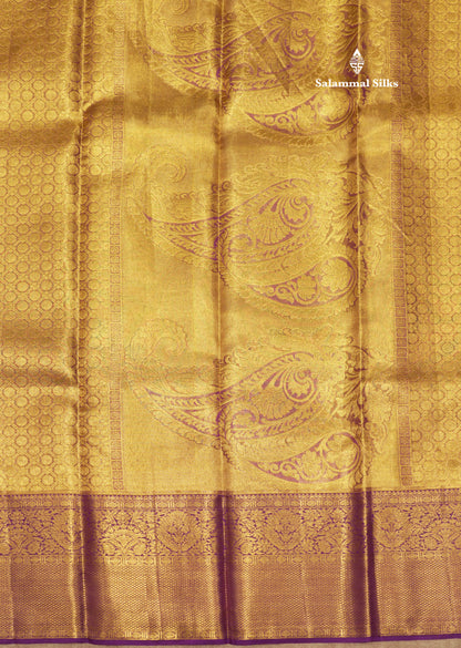 Copper Colour Tissue Pure Kanjivaram Silk Saree With Contrast Violet Border