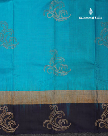 Beautiful Blue Puremix Silk Saree With Contrast Navy Blue Pochampalli Blouse