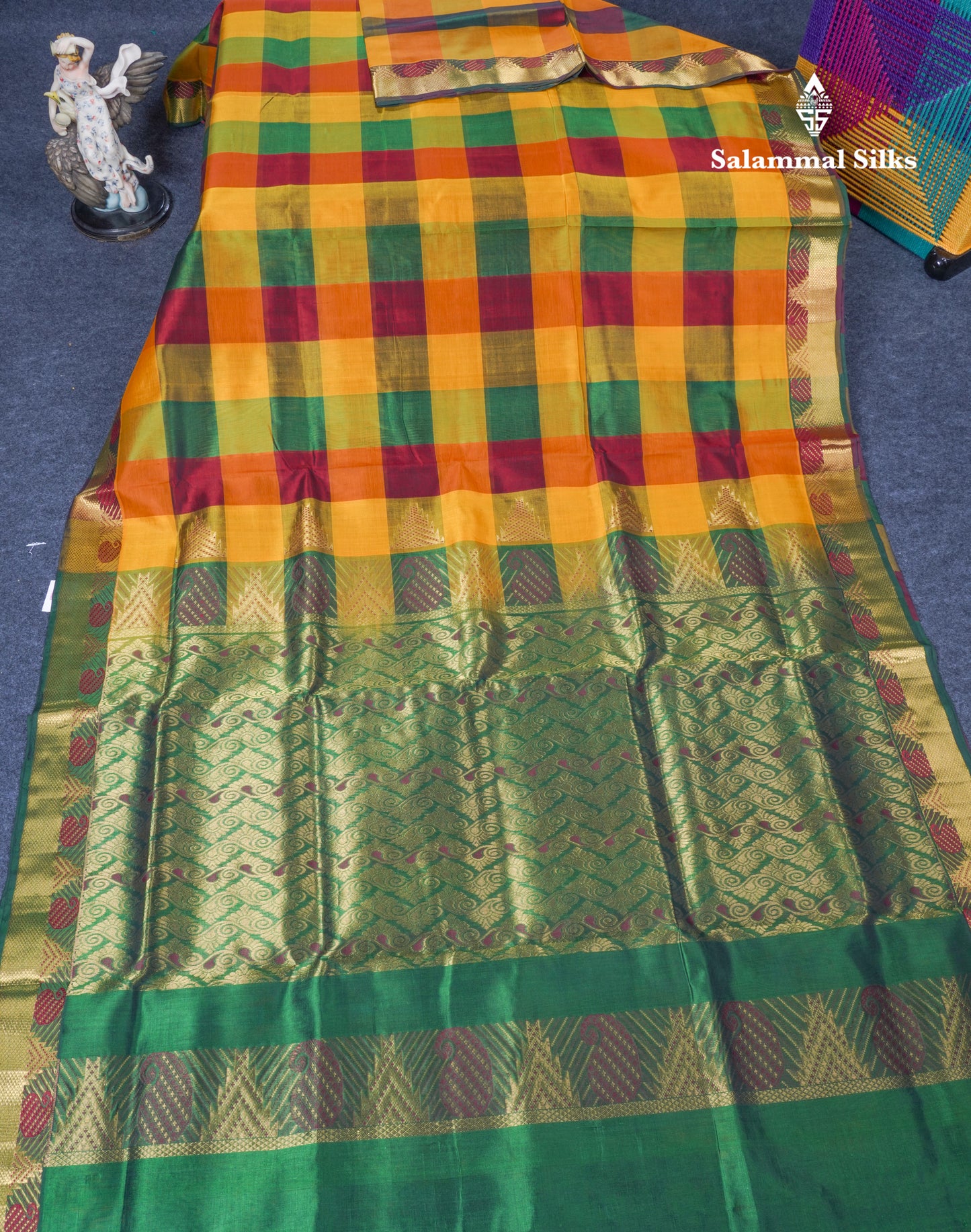 Beautiful Paalum Pazham Checks Pure Silk Cotton Saree With Contrast Bottle Green Blouse