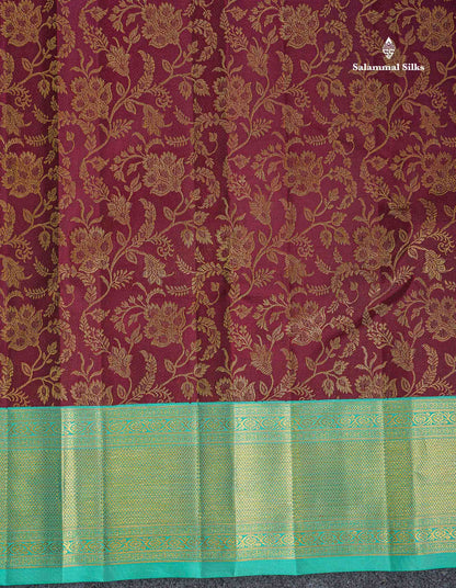 Korvai 2G Zari Kanjivaram Silk Saree - Dark Maroon Colour Body With Contrast Rexona Green Border
