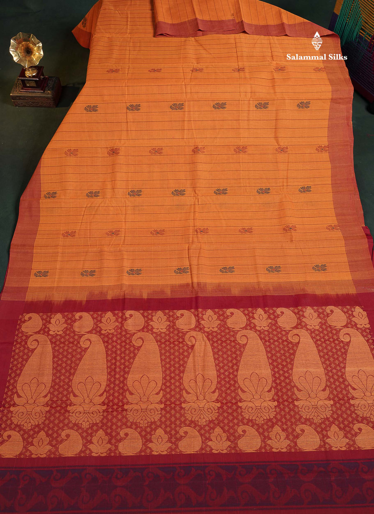 Handloom Pure Cotton Saree -  Mustard Yellow Colour Body With Contrast Maroon  Blouse 