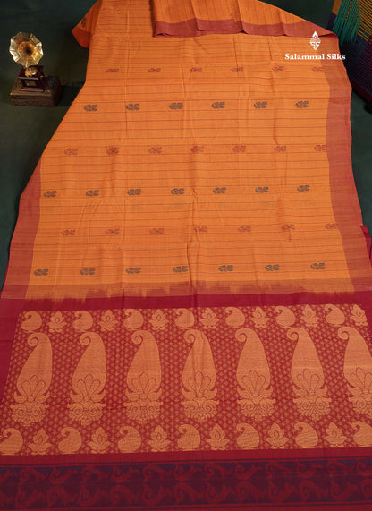 Handloom Pure Cotton Saree -  Mustard Yellow Colour Body With Contrast Maroon  Blouse 