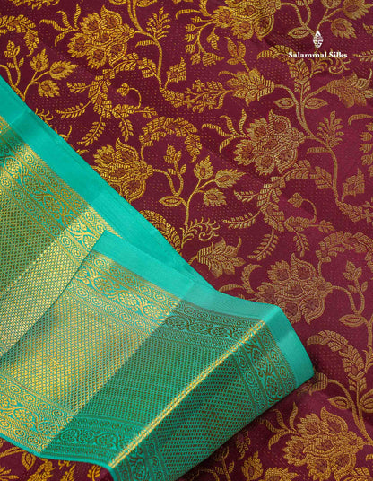 Korvai 2G Zari Kanjivaram Silk Saree - Dark Maroon Colour Body With Contrast Rexona Green Border