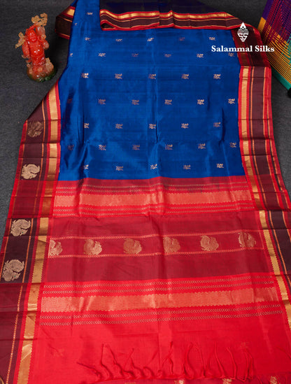 Beautiful Royal Blue Peacock Zari Buttas Pure Silk Cotton Saree With Contrast Dark Maroon Traditional Border